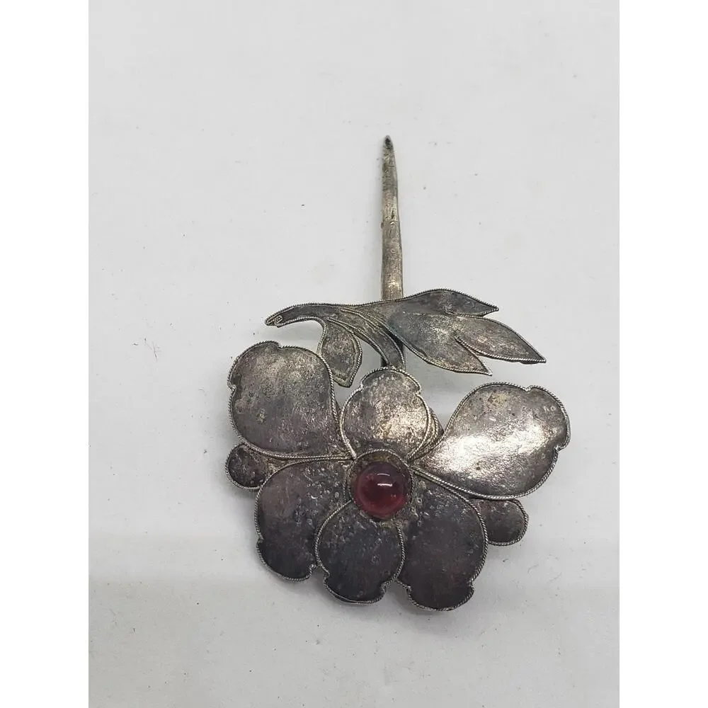 Vintage Sterling Silver Flower Stick Pin Red Cabochon Glass center Art Deco - Picture 6 of 8